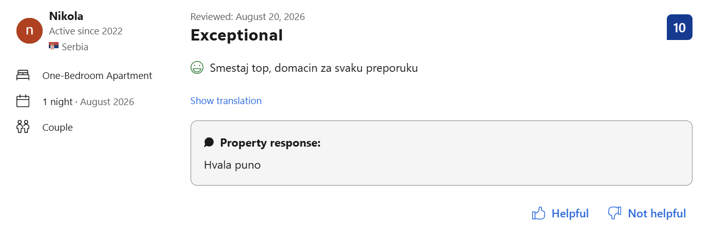Booking.com recenzija gosta Nikola, ocena 10 od 10