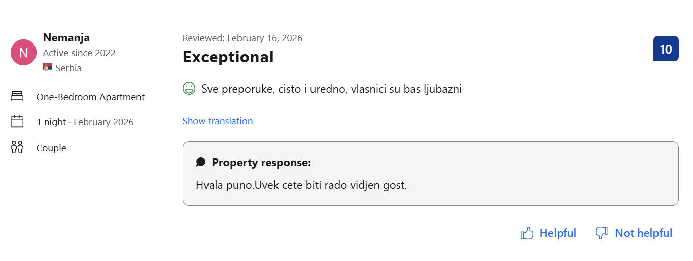 Booking.com recenzija gosta Nemanja, ocena 10 od 10
