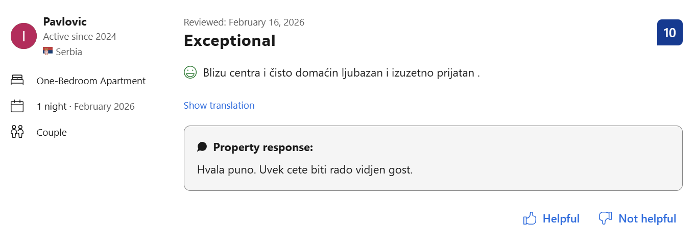 Booking.com recenzija gosta Pavlović, ocena 10 od 10