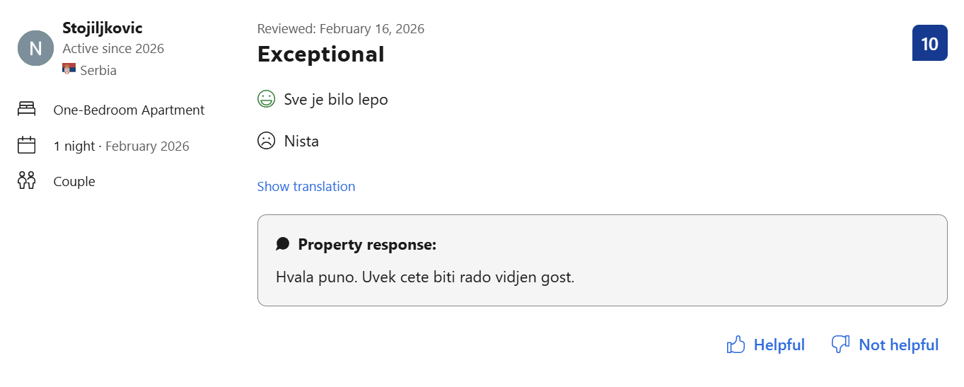 Booking.com recenzija gosta Stojiljković, ocena 10 od 10