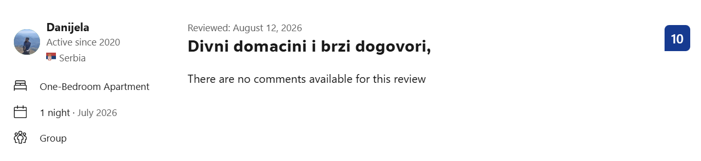 Booking.com recenzija gosta Danijela, ocena 10 od 10