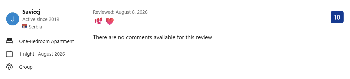 Booking.com recenzija gosta Savić, ocena 10 od 10